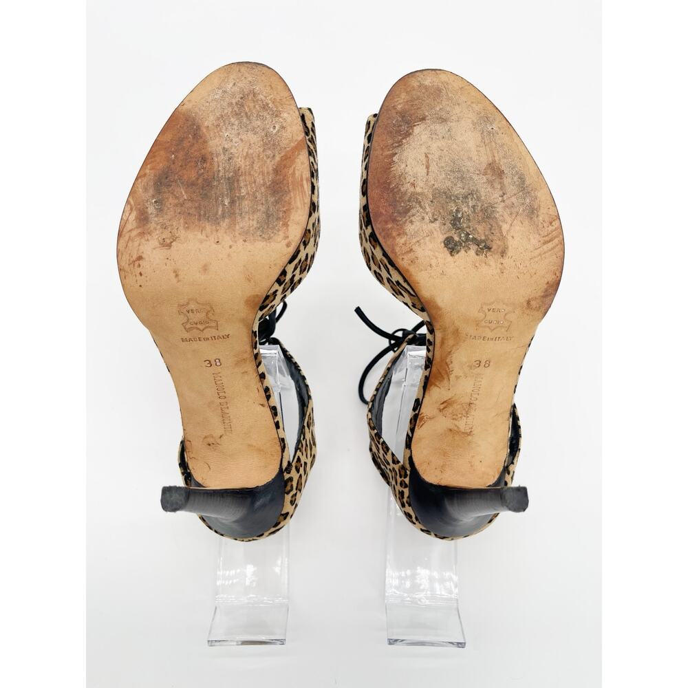 Manolo Blahnik Vintage y2k Leopard Print Suede Lace Up Ankle Strap Heels IT 38 - Picture 11 of 12